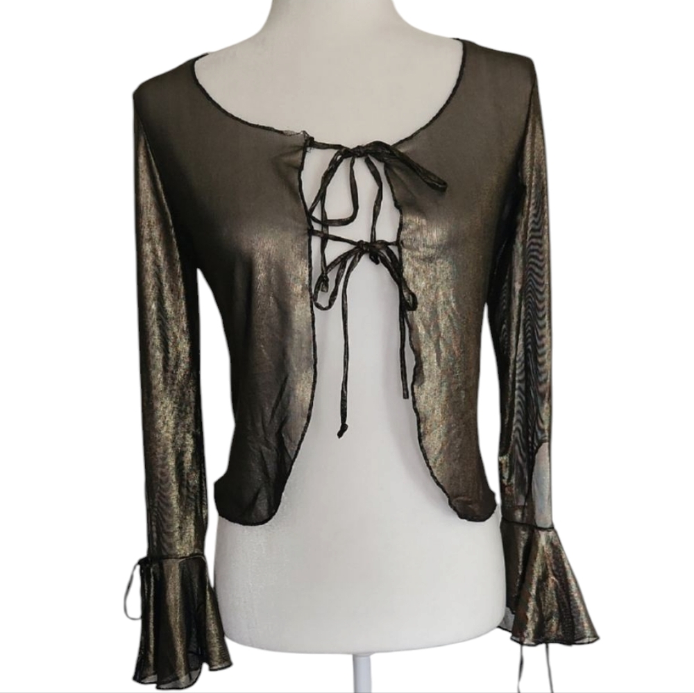 Indeed Gold & Black Sheer Tie-Front Top